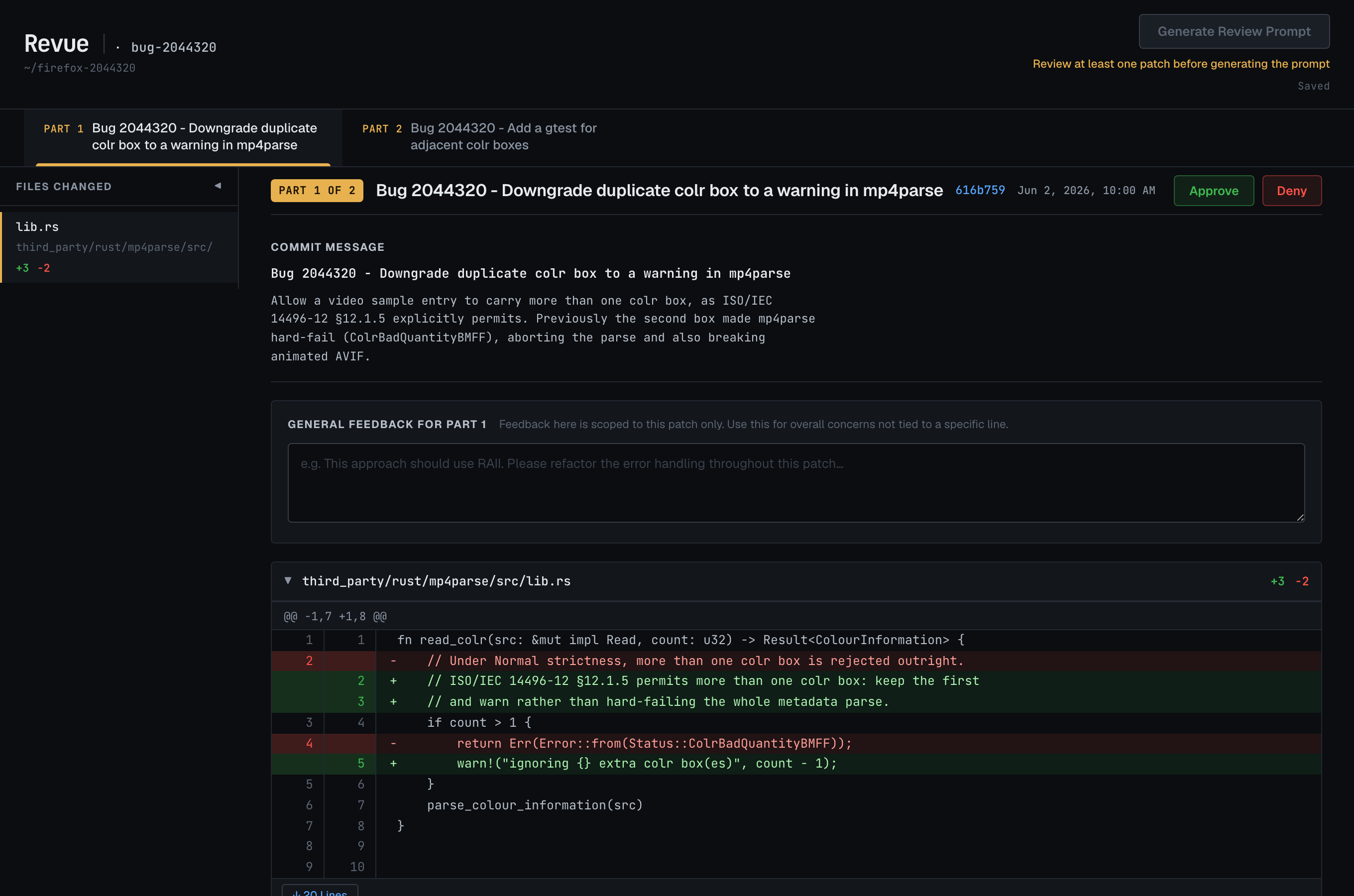 The Revue review dashboard reviewing a two-part patch series