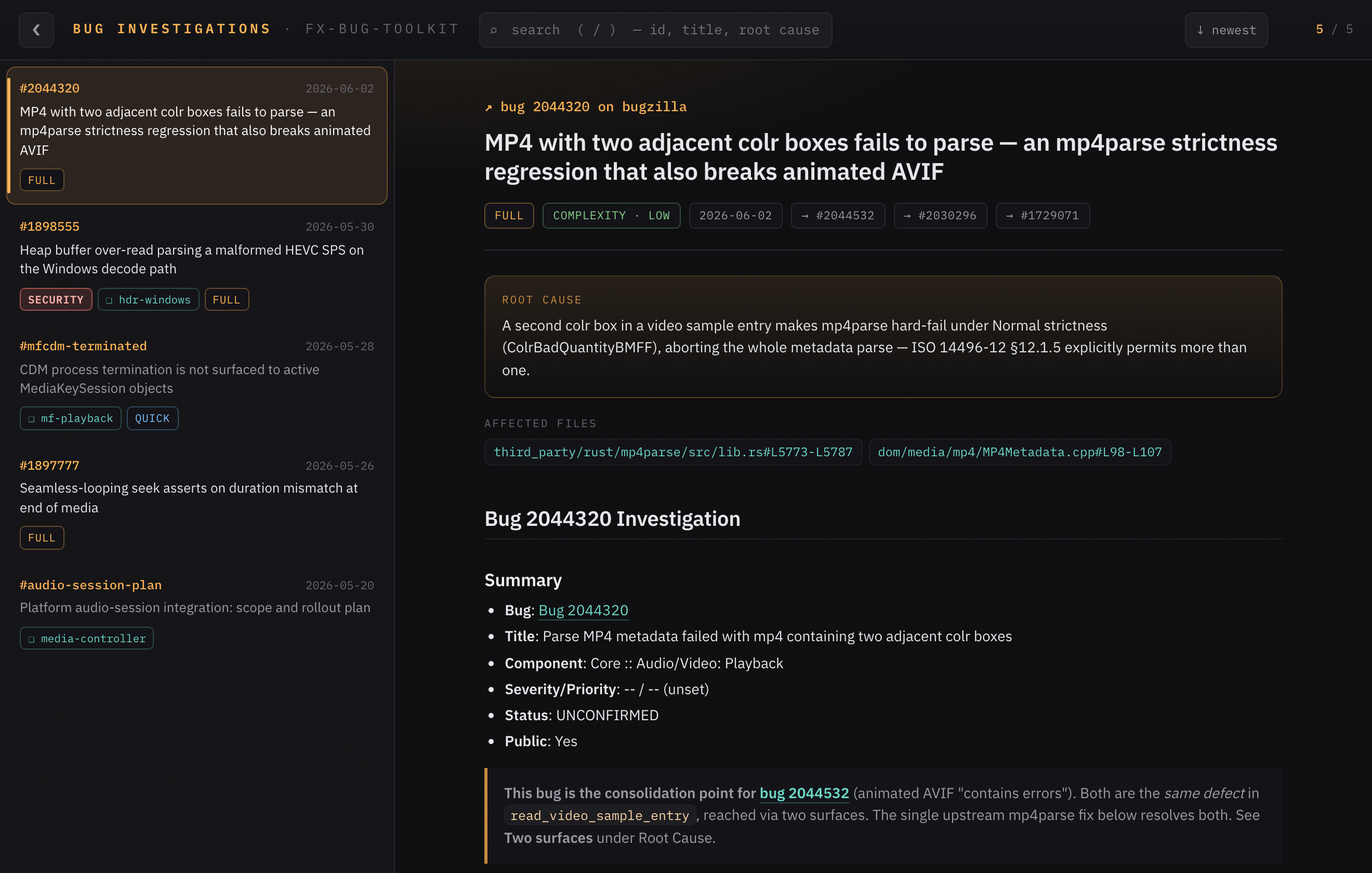 The FX Bug Toolkit investigation viewer